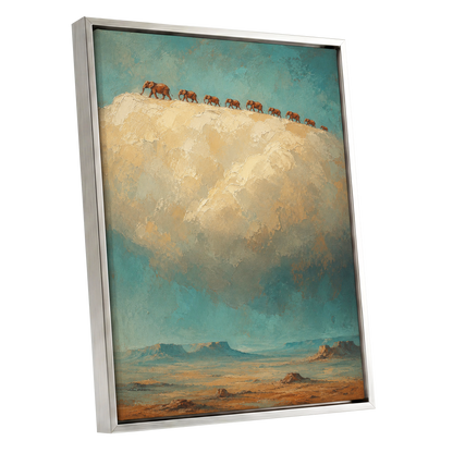Skyward Procession, blue, beige, brown nature wall art shown as a silver framed canvas wall art