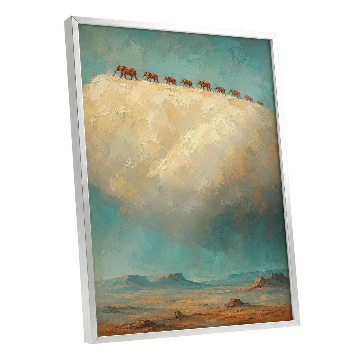 Skyward Procession, blue, beige, brown nature wall art shown as a silver framed poster wall art print