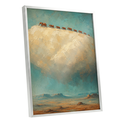 Skyward Procession, blue, beige, brown nature wall art shown as a silver framed poster wall art print