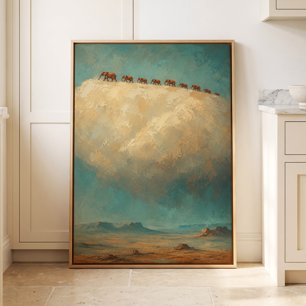 Skyward Procession, blue, beige, brown nature wall art displayed in a styled interior, gallery view 1