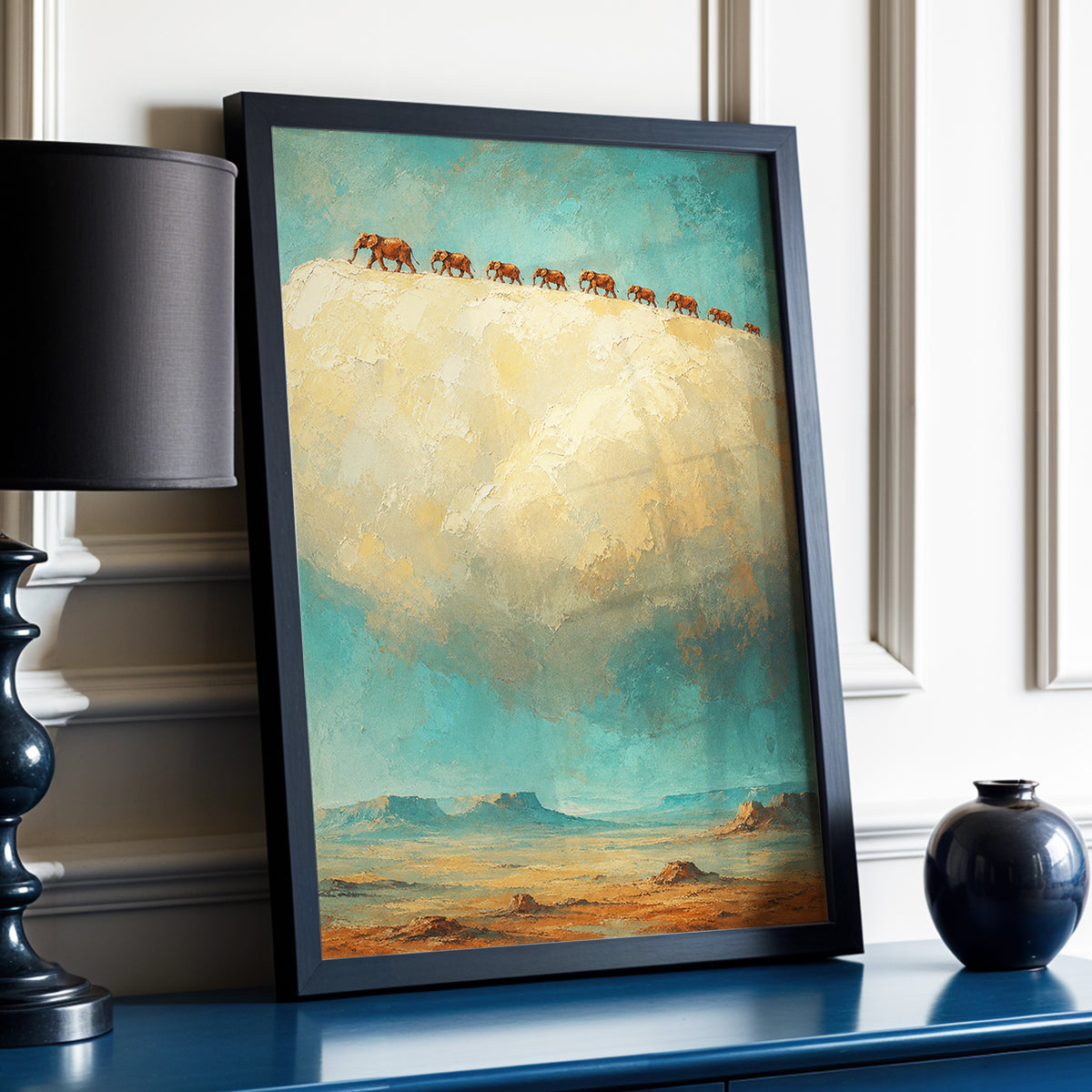 Skyward Procession, blue, beige, brown nature wall art displayed in a styled interior, gallery view 3