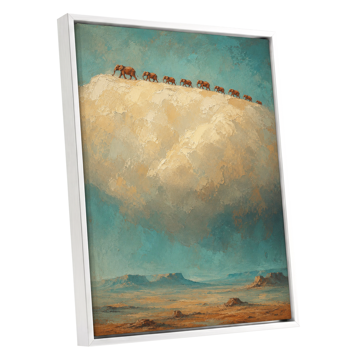 Skyward Procession, blue, beige, brown nature wall art shown as a white framed canvas wall art
