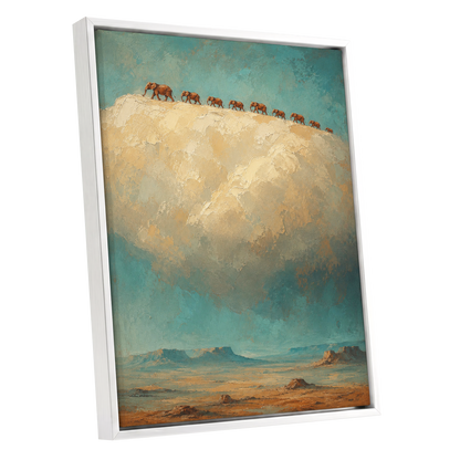 Skyward Procession, blue, beige, brown nature wall art shown as a white framed canvas wall art
