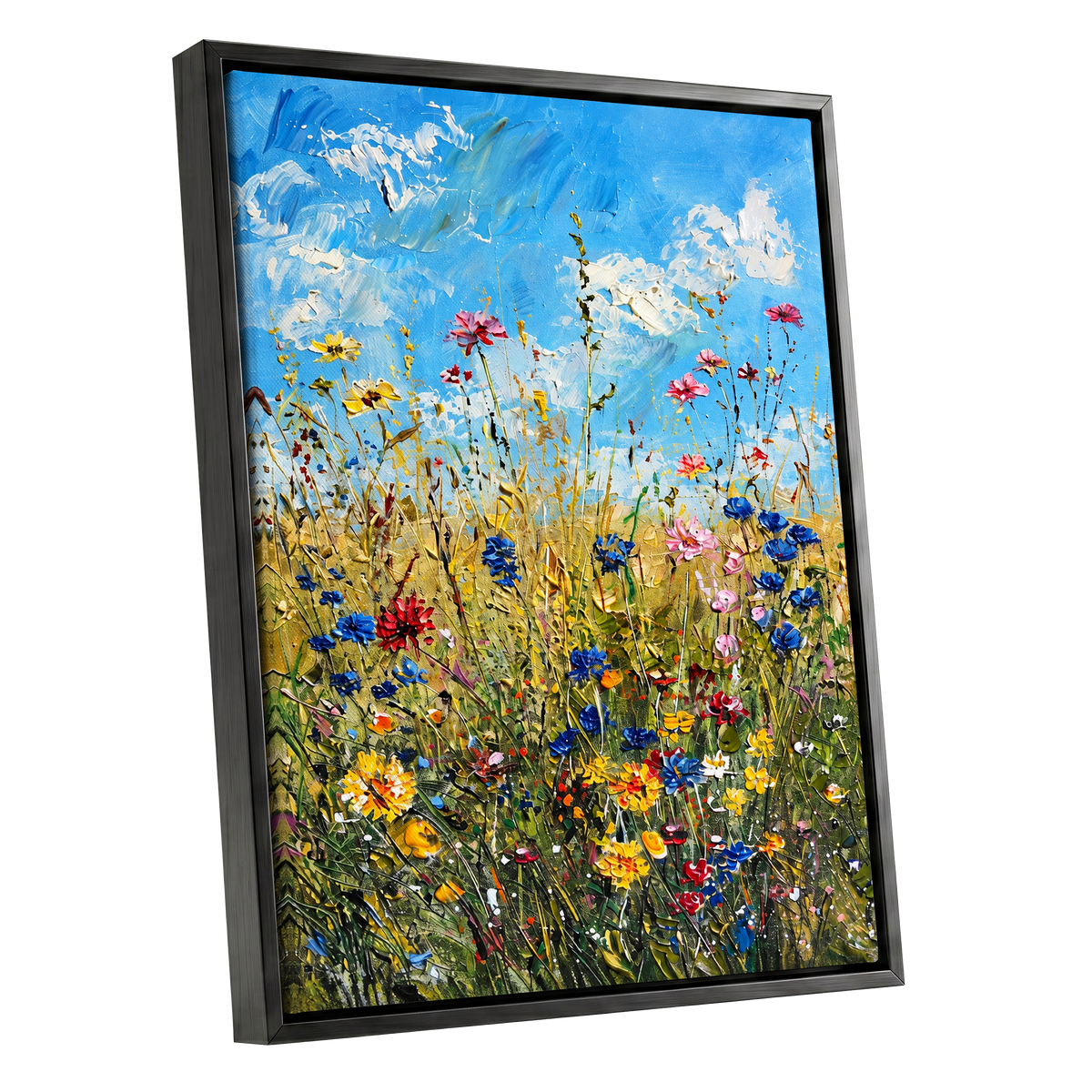 Skyward Wildflowers, blue, green, yellow floral wall art shown as a black framed canvas wall art