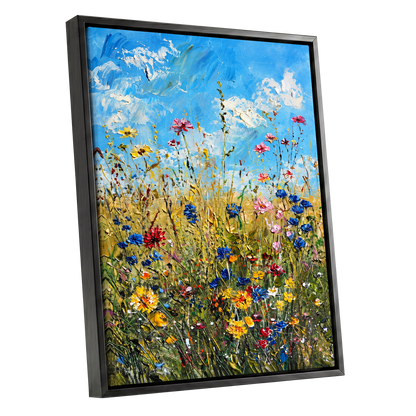 Skyward Wildflowers, blue, green, yellow floral wall art shown as a black framed canvas wall art