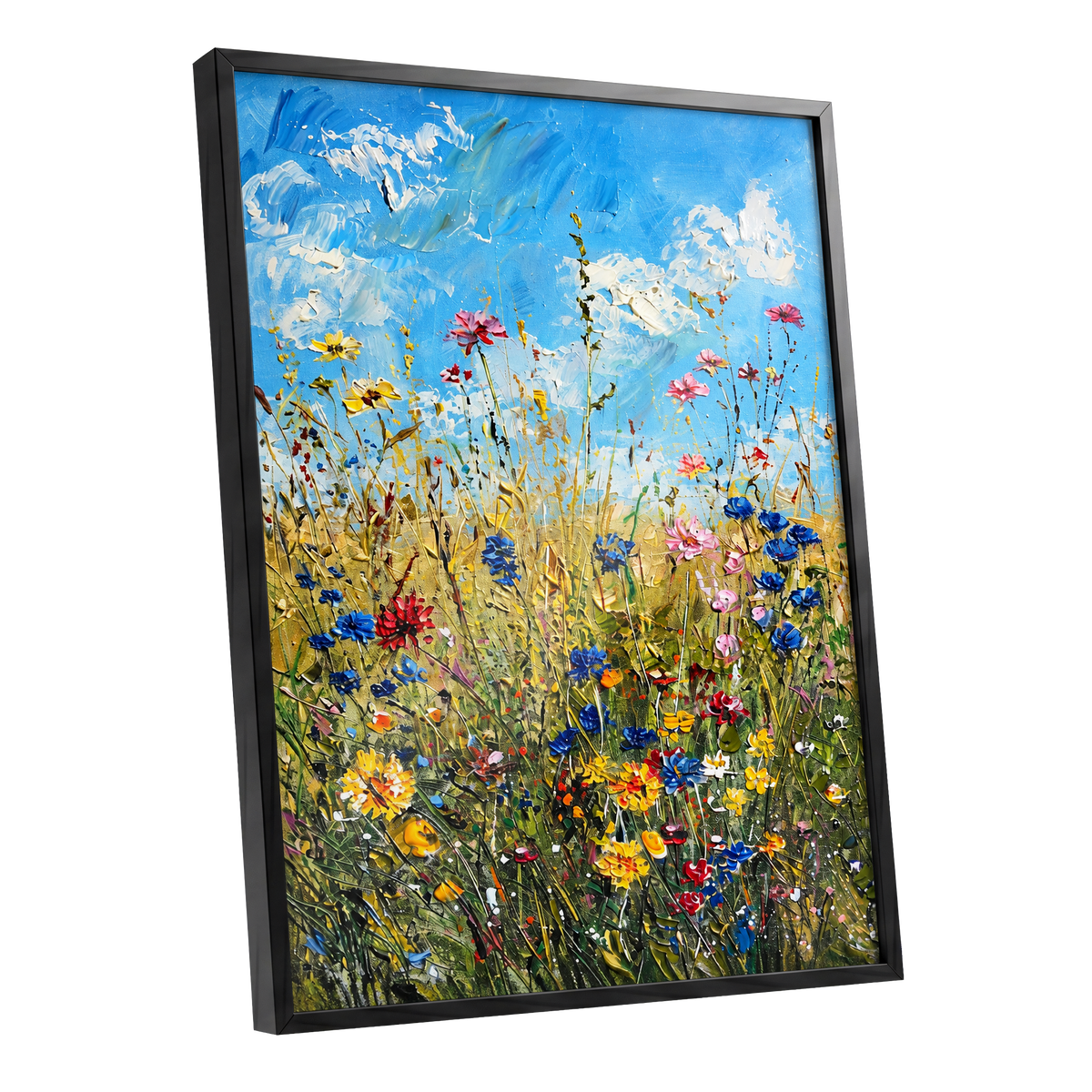 Skyward Wildflowers, blue, green, yellow floral wall art shown as a black framed poster wall art print