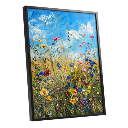 Skyward Wildflowers, blue, green, yellow floral wall art shown as a black framed poster wall art print