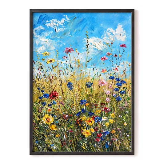 Skyward Wildflowers, blue, green, yellow floral wall art, front artwork view