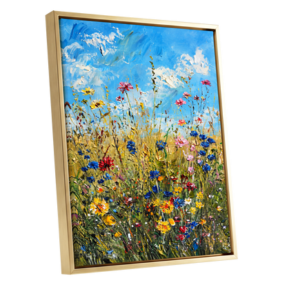 Skyward Wildflowers, blue, green, yellow floral wall art shown as a gold framed canvas wall art