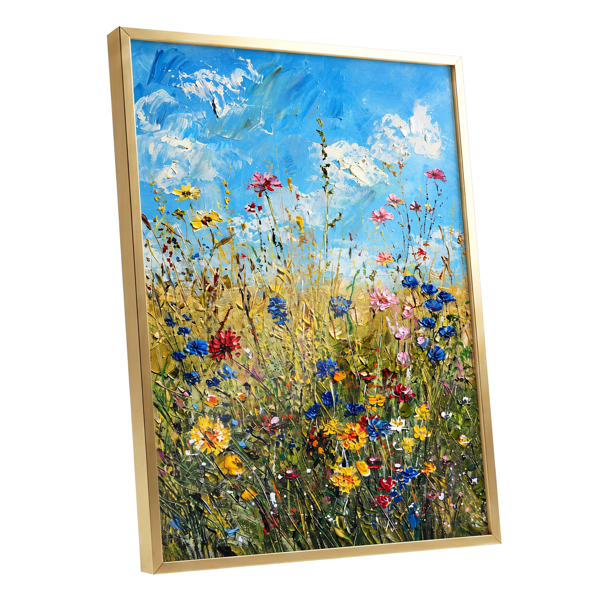 Skyward Wildflowers, blue, green, yellow floral wall art shown as a gold framed poster wall art print