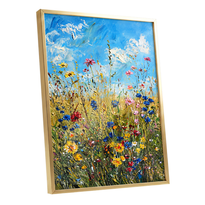 Skyward Wildflowers, blue, green, yellow floral wall art shown as a gold framed poster wall art print