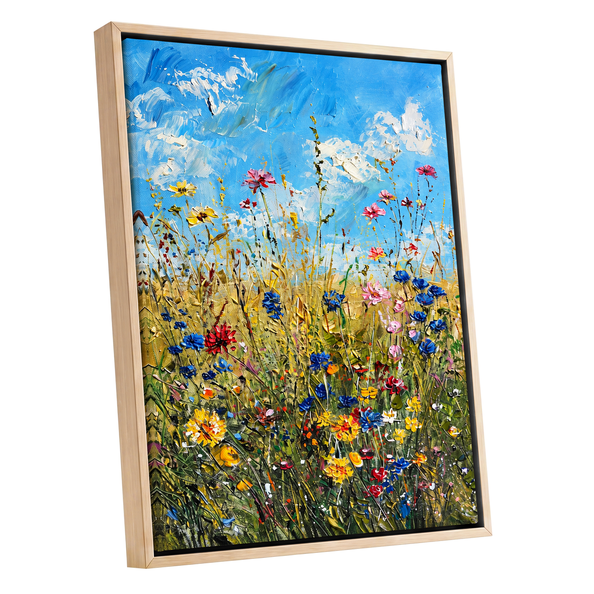 Skyward Wildflowers, blue, green, yellow floral wall art shown as a oak framed canvas wall art