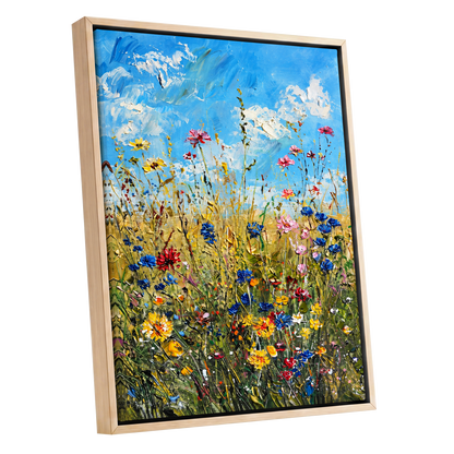 Skyward Wildflowers, blue, green, yellow floral wall art shown as a oak framed canvas wall art