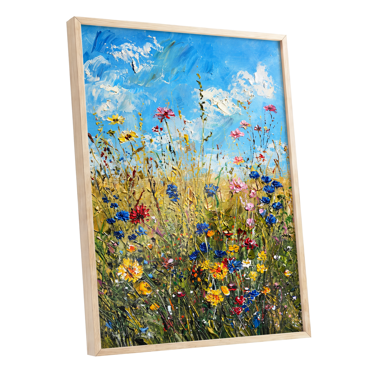 Skyward Wildflowers, blue, green, yellow floral wall art shown as a oak framed poster wall art print