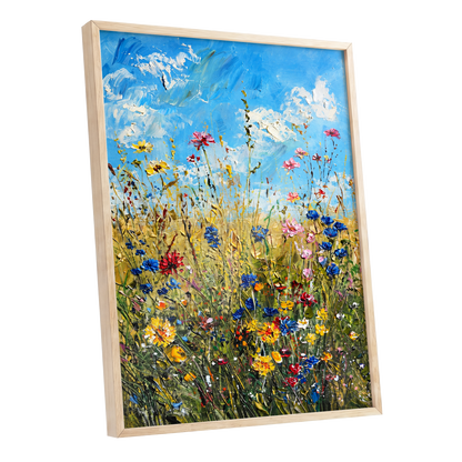 Skyward Wildflowers, blue, green, yellow floral wall art shown as a oak framed poster wall art print
