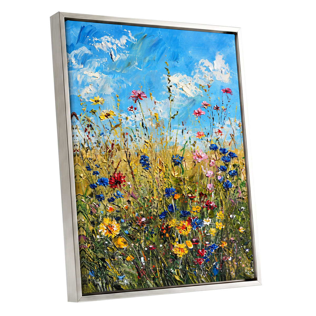 Skyward Wildflowers, blue, green, yellow floral wall art shown as a silver framed canvas wall art