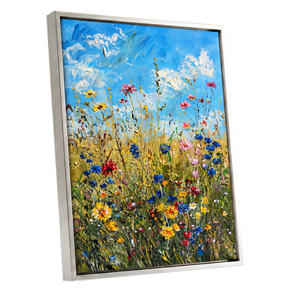 Skyward Wildflowers, blue, green, yellow floral wall art shown as a silver framed canvas wall art
