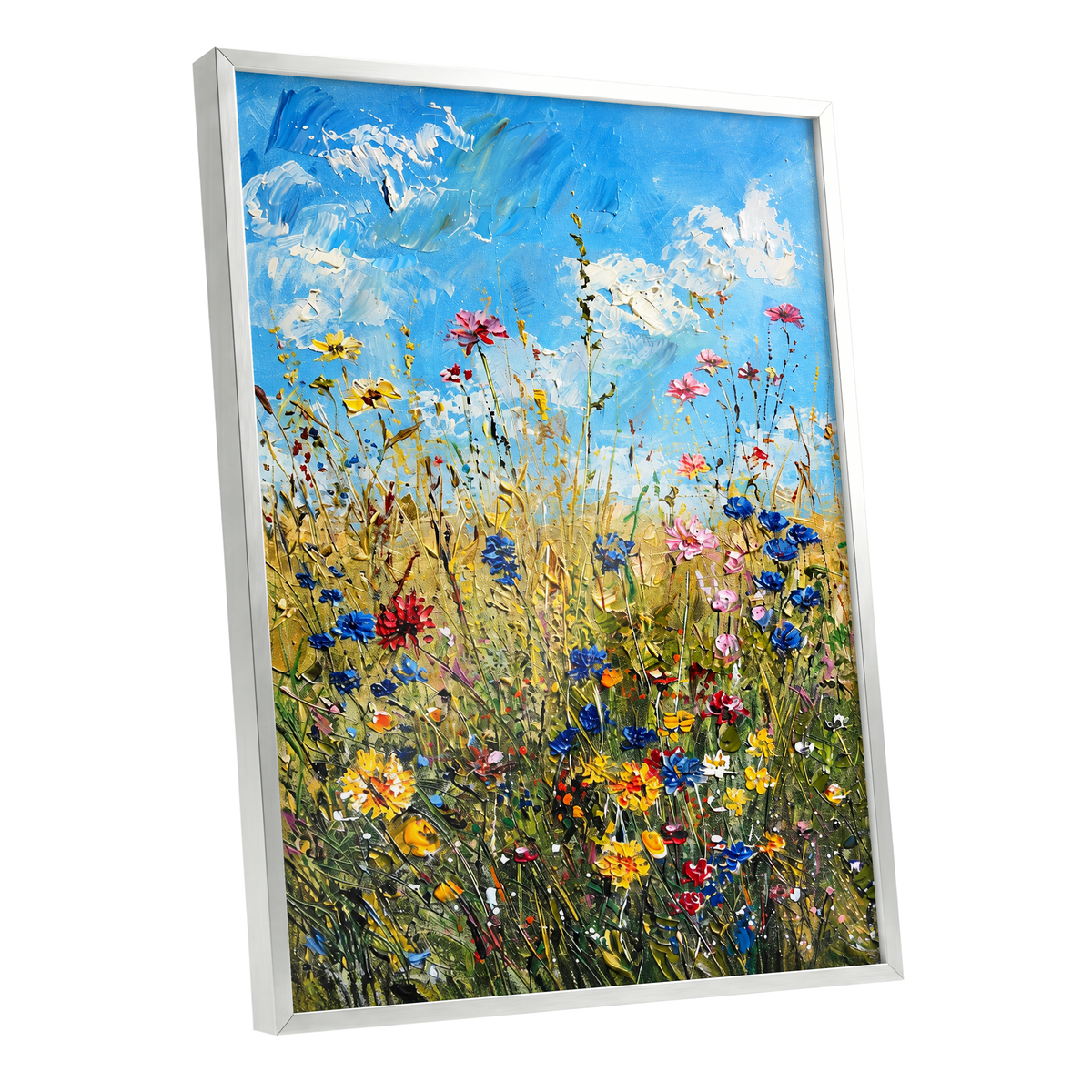 Skyward Wildflowers, blue, green, yellow floral wall art shown as a silver framed poster wall art print
