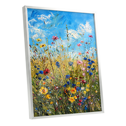Skyward Wildflowers, blue, green, yellow floral wall art shown as a silver framed poster wall art print
