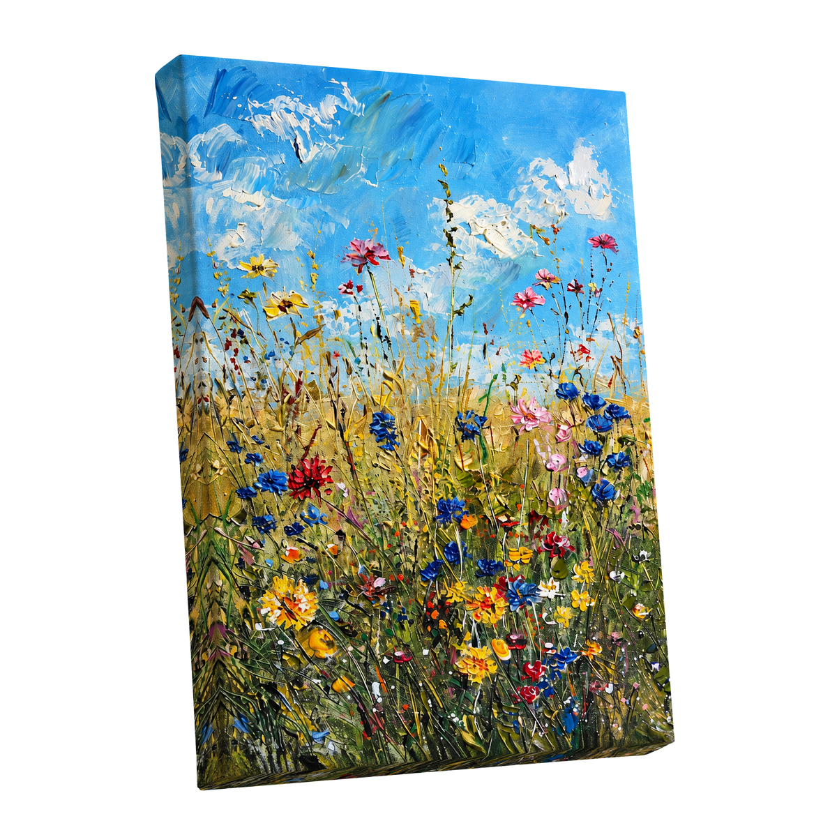 Skyward Wildflowers, blue, green, yellow floral wall art shown as a stretched canvas wall art