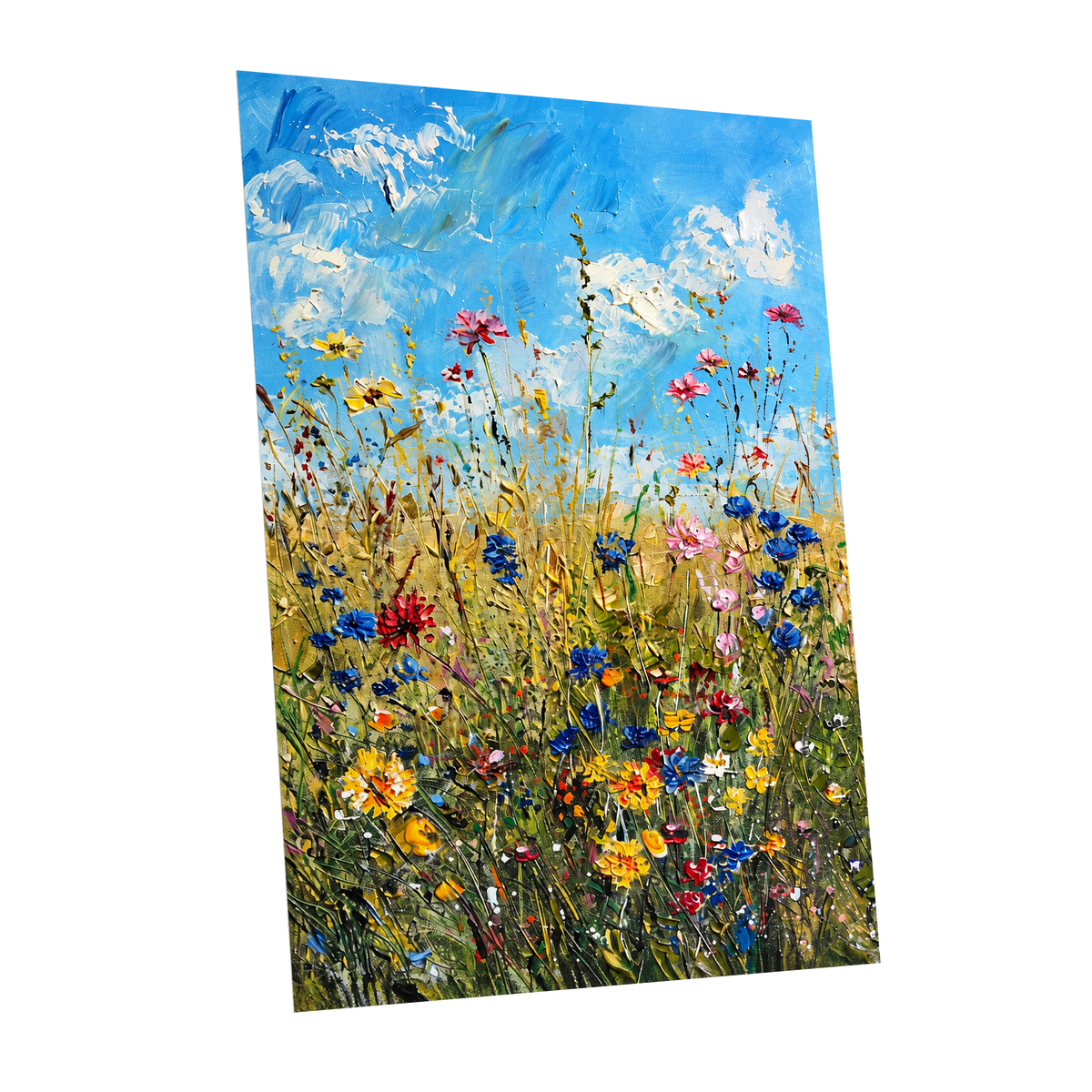 Skyward Wildflowers, blue, green, yellow floral wall art shown as a unframed poster wall art print