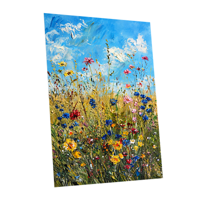 Skyward Wildflowers, blue, green, yellow floral wall art shown as a unframed poster wall art print