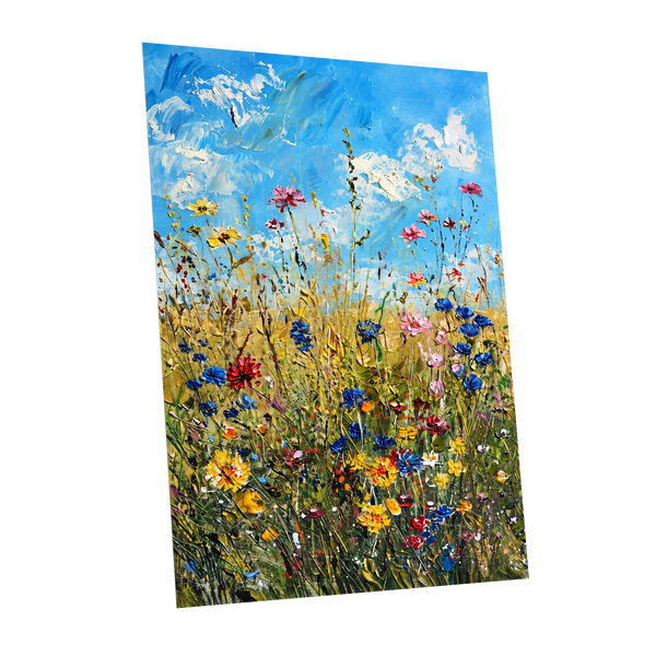 Skyward Wildflowers, blue, green, yellow floral wall art shown as a unframed poster wall art print