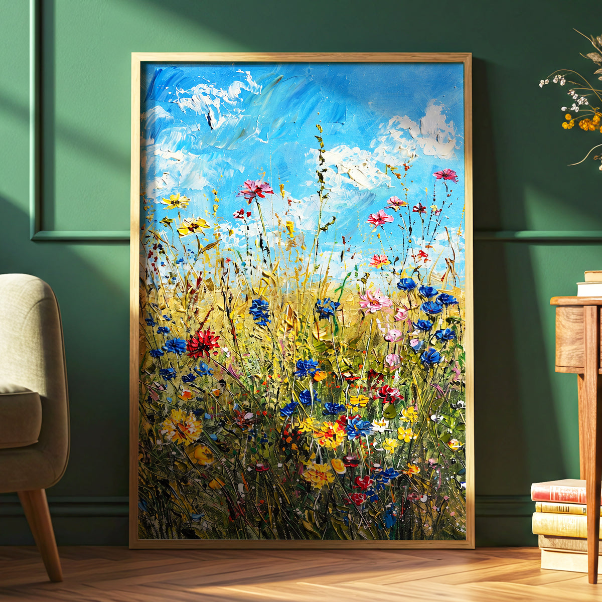 Skyward Wildflowers, blue, green, yellow floral wall art displayed in a styled interior, gallery view 2