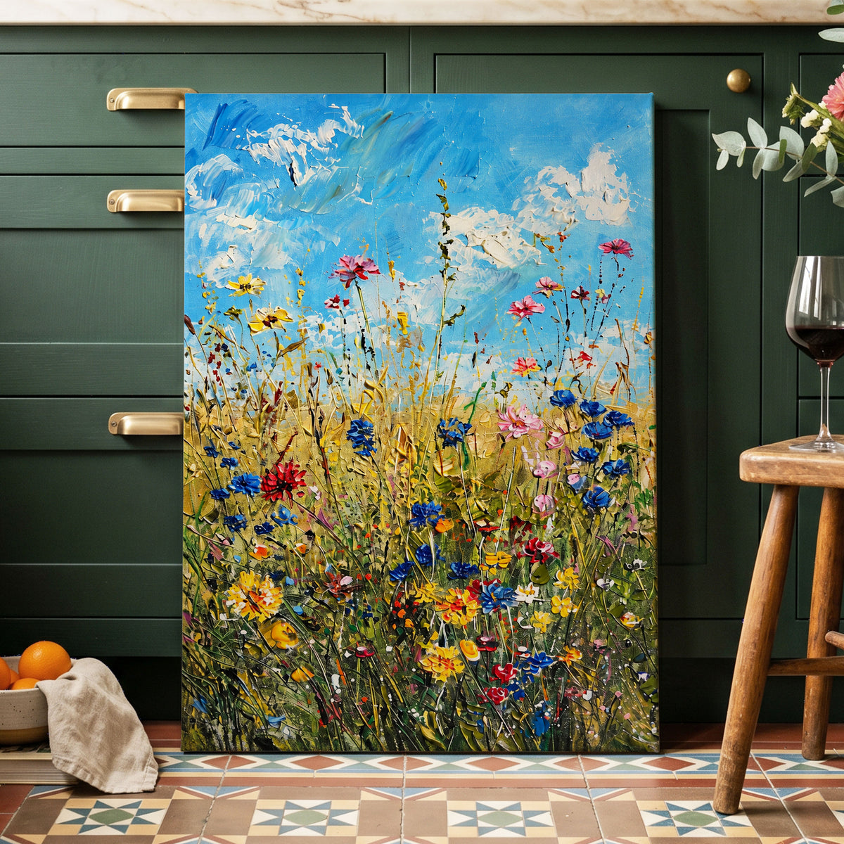 Skyward Wildflowers, blue, green, yellow floral wall art displayed in a styled interior, gallery view 3