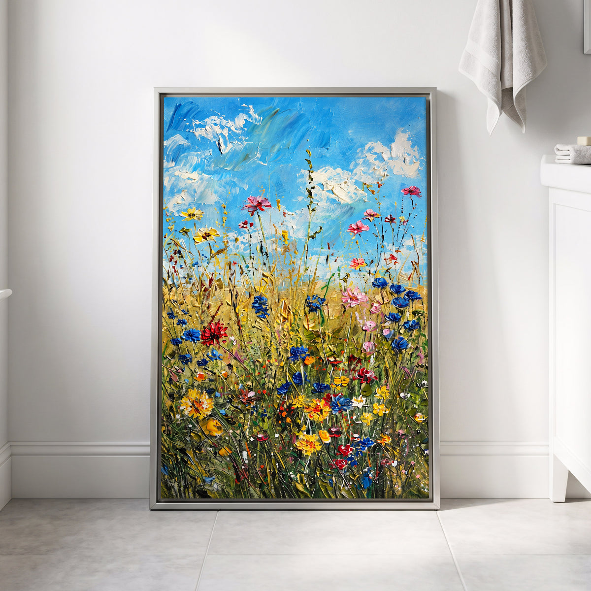Skyward Wildflowers, blue, green, yellow floral wall art displayed in a styled interior, gallery view 4