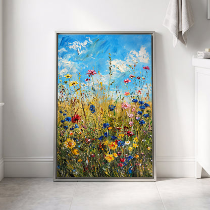Skyward Wildflowers, blue, green, yellow floral wall art displayed in a styled interior, gallery view 4