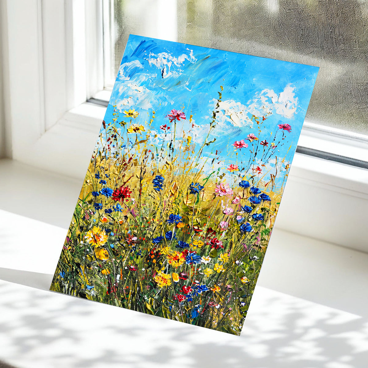 Skyward Wildflowers, blue, green, yellow floral wall art displayed in a styled interior, gallery view 5