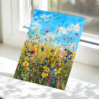 Skyward Wildflowers, blue, green, yellow floral wall art displayed in a styled interior, gallery view 5