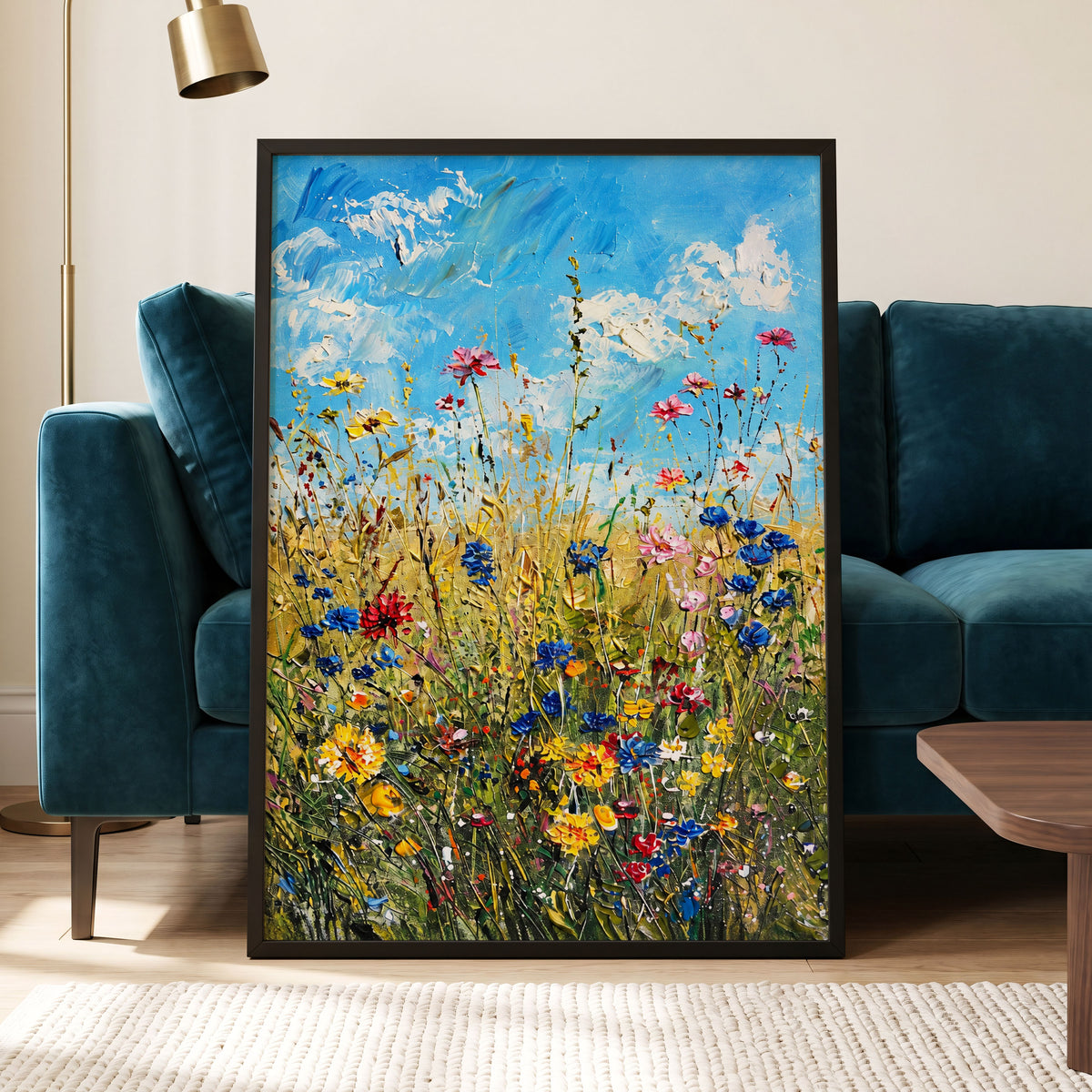 Skyward Wildflowers, blue, green, yellow floral wall art displayed in a styled interior, gallery view 6