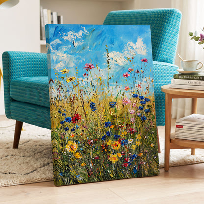 Skyward Wildflowers, blue, green, yellow floral wall art displayed in a styled interior, gallery view 7
