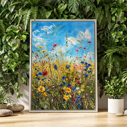 Skyward Wildflowers, blue, green, yellow floral wall art displayed in a styled interior, gallery view 8