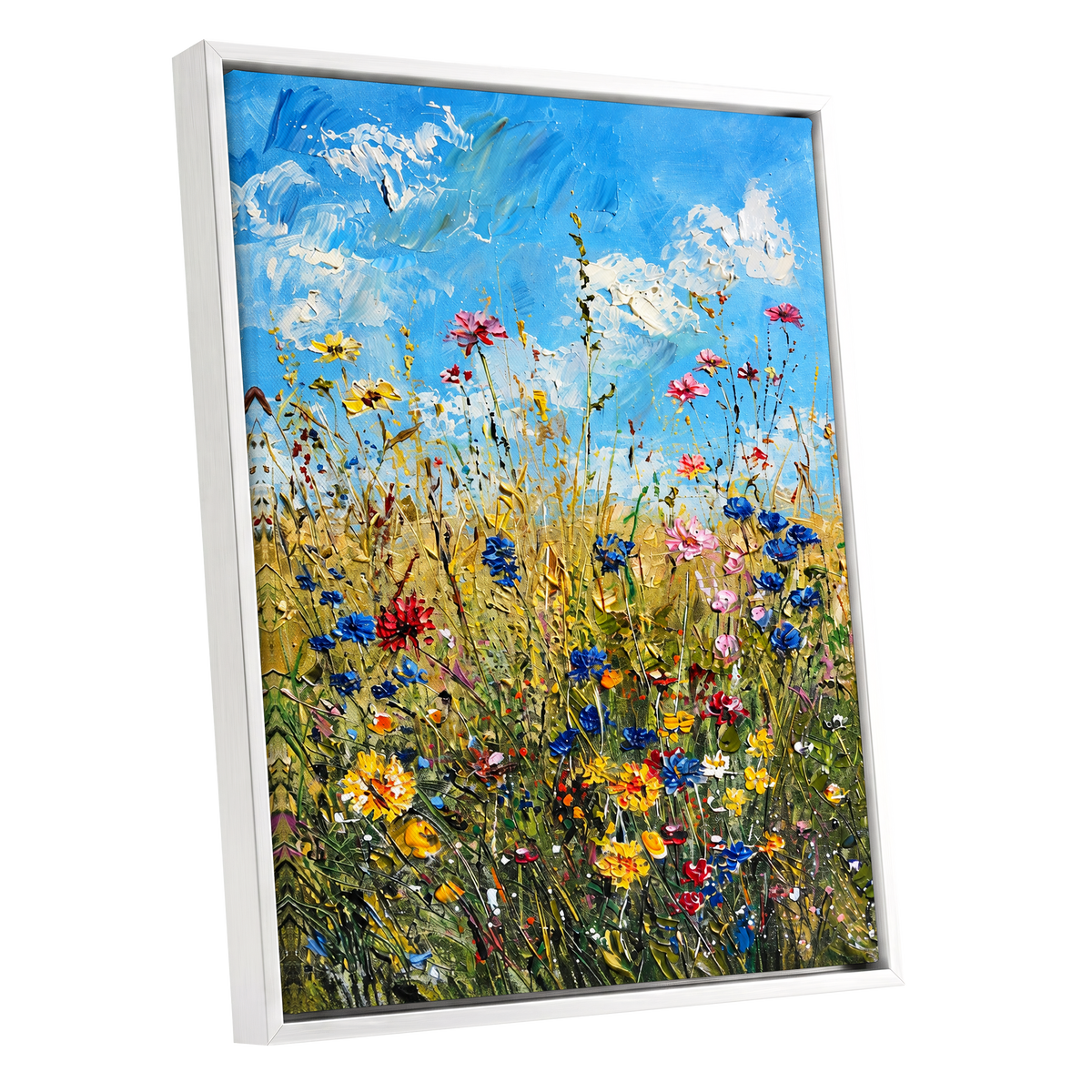 Skyward Wildflowers, blue, green, yellow floral wall art shown as a white framed canvas wall art