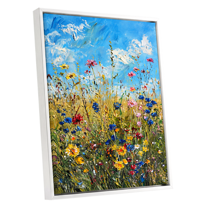 Skyward Wildflowers, blue, green, yellow floral wall art shown as a white framed canvas wall art