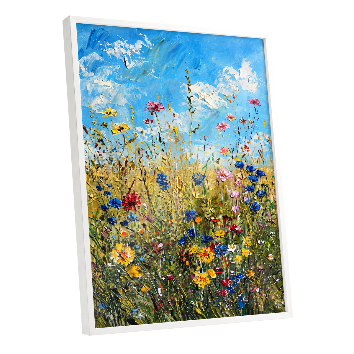 Skyward Wildflowers, blue, green, yellow floral wall art shown as a white framed poster wall art print