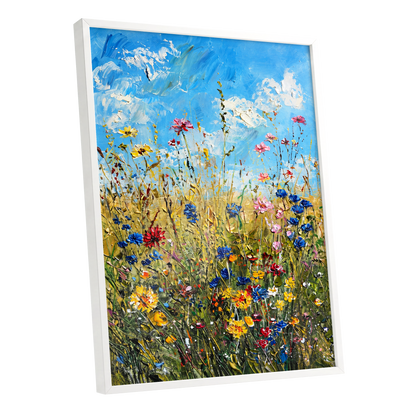 Skyward Wildflowers, blue, green, yellow floral wall art shown as a white framed poster wall art print
