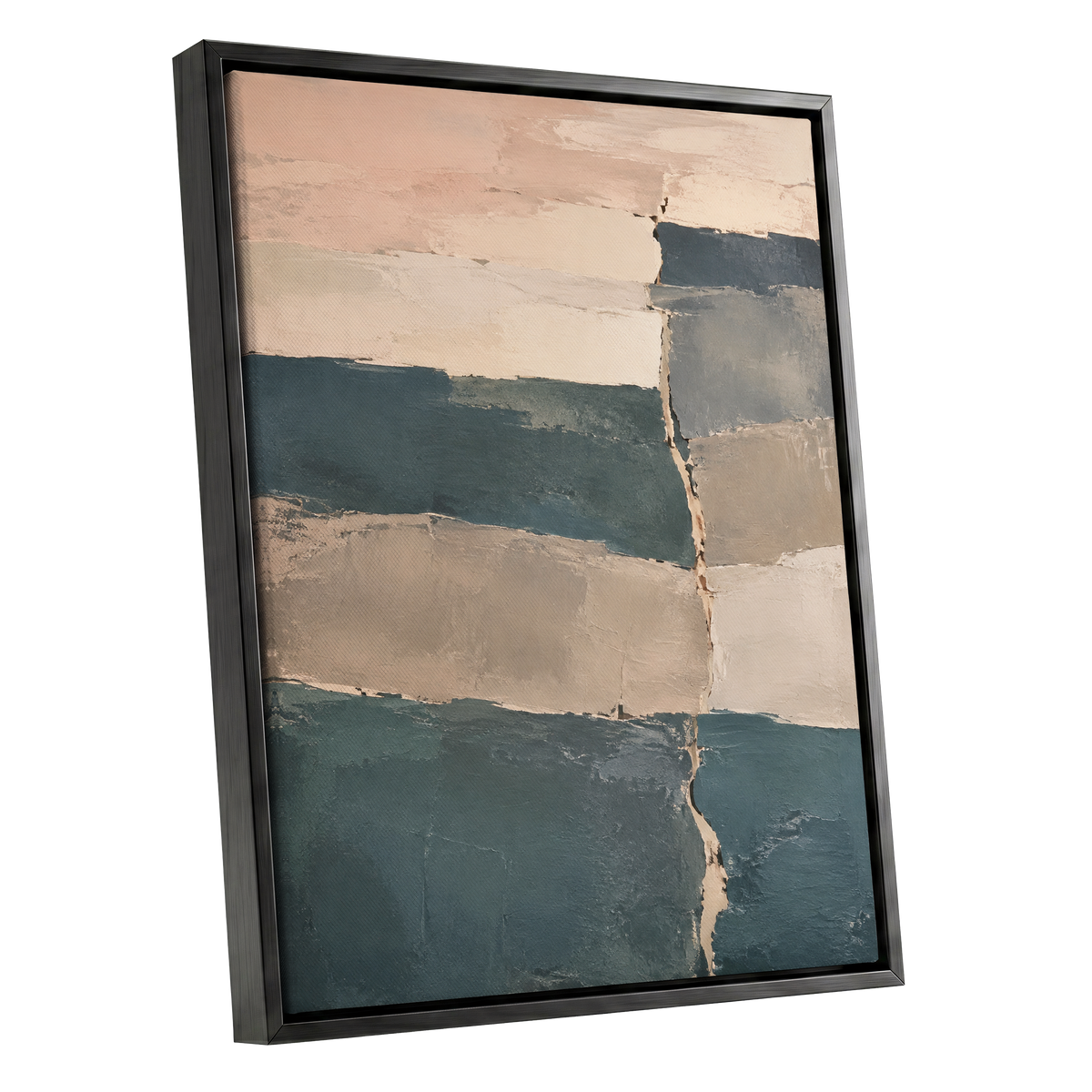 Slate Blush Strata, blue, beige, gray abstract wall art shown as a black framed canvas wall art