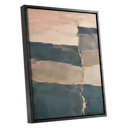 Slate Blush Strata, blue, beige, gray abstract wall art shown as a black framed canvas wall art