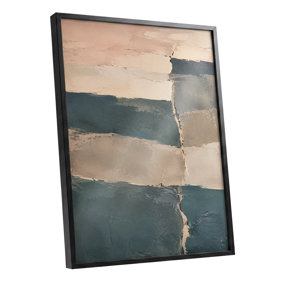 Slate Blush Strata, blue, beige, gray abstract wall art shown as a black framed poster wall art print