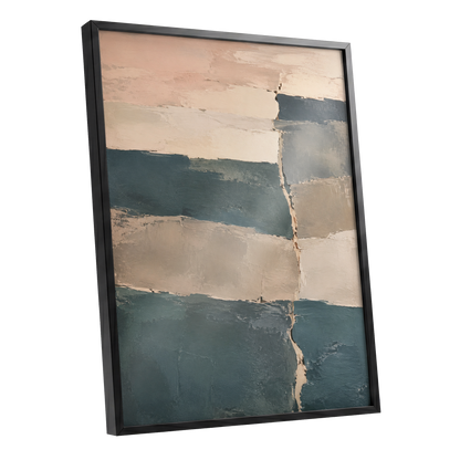 Slate Blush Strata, blue, beige, gray abstract wall art shown as a black framed poster wall art print