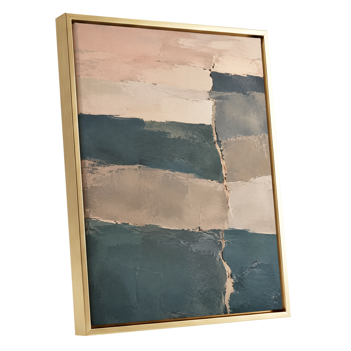 Slate Blush Strata, blue, beige, gray abstract wall art shown as a gold framed canvas wall art