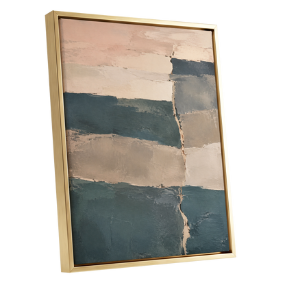 Slate Blush Strata, blue, beige, gray abstract wall art shown as a gold framed canvas wall art