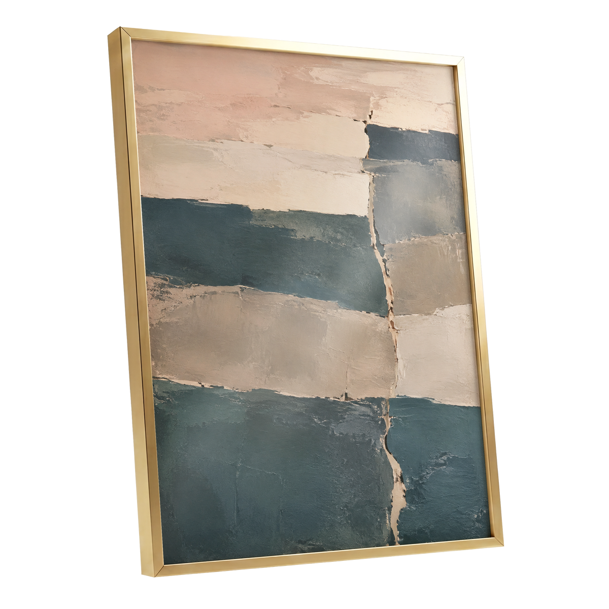 Slate Blush Strata, blue, beige, gray abstract wall art shown as a gold framed poster wall art print