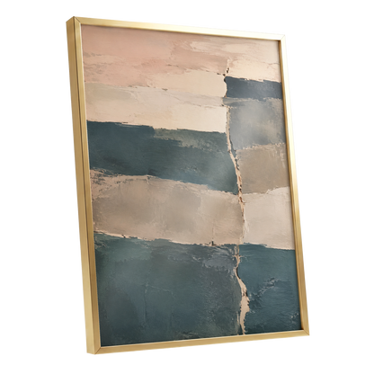 Slate Blush Strata, blue, beige, gray abstract wall art shown as a gold framed poster wall art print