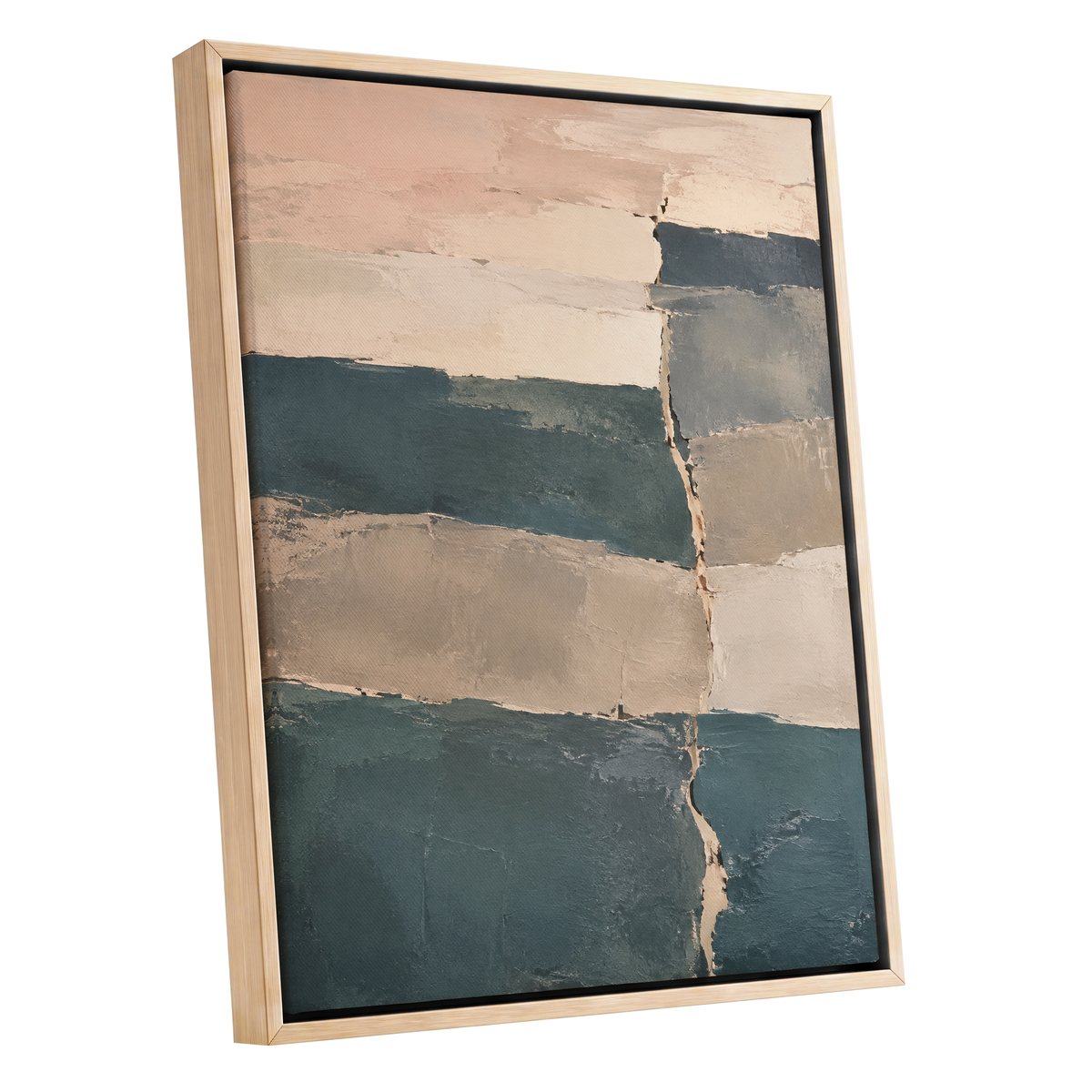 Slate Blush Strata, blue, beige, gray abstract wall art shown as a oak framed canvas wall art