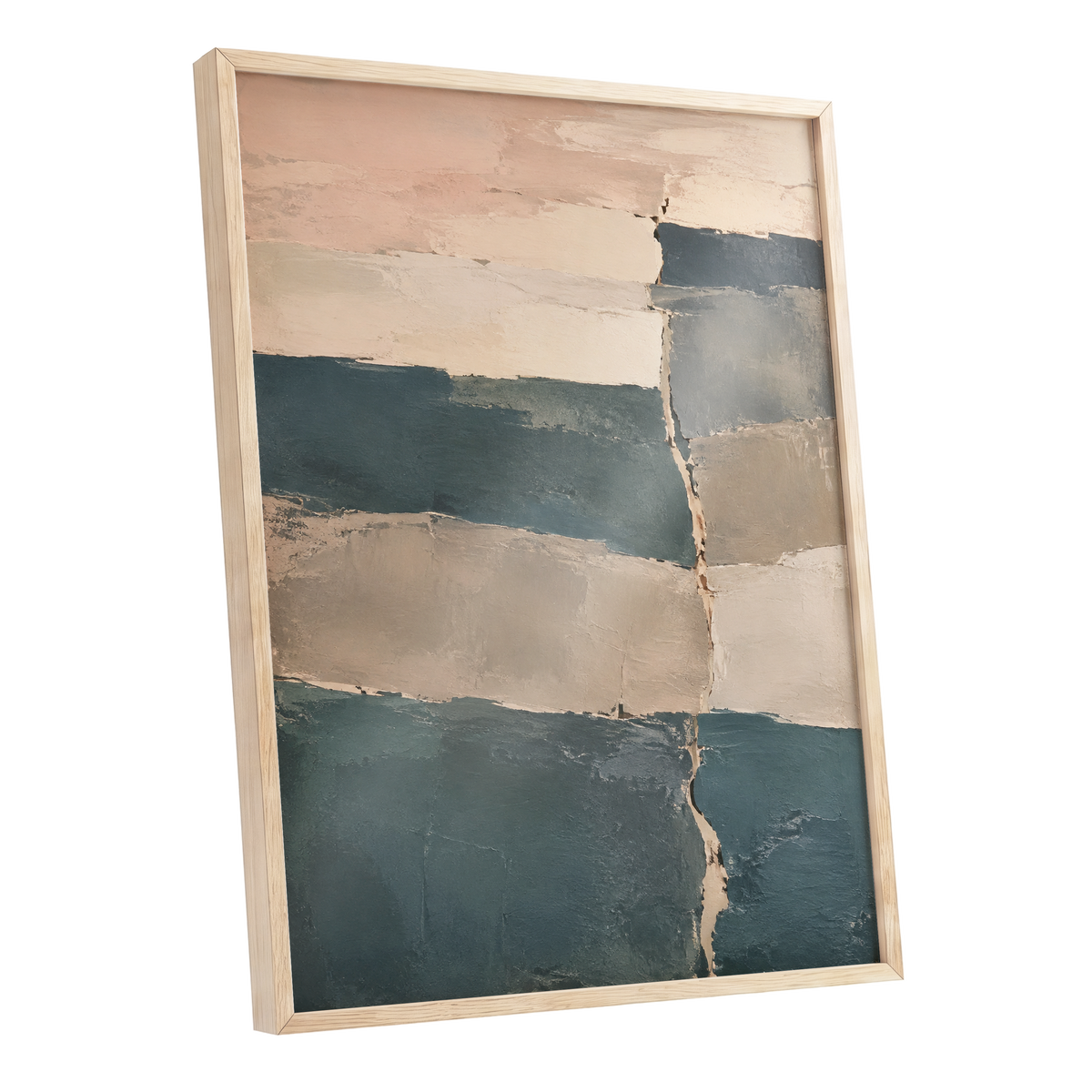 Slate Blush Strata, blue, beige, gray abstract wall art shown as a oak framed poster wall art print